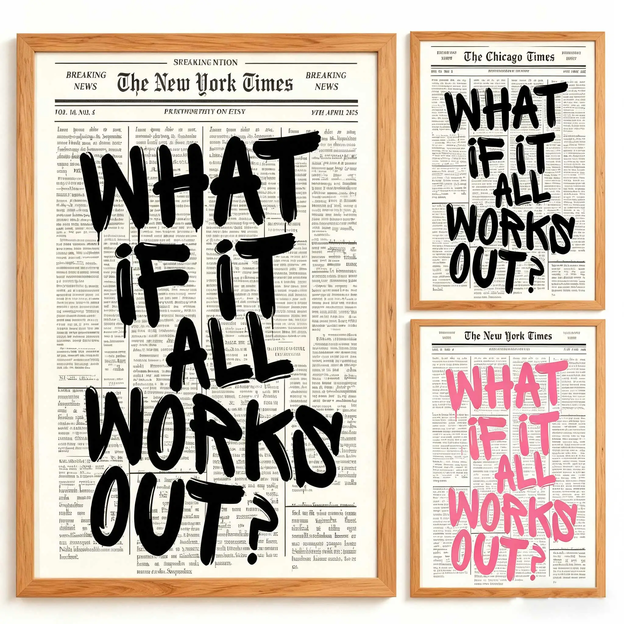 Affiche de journal - What If All Work Out - Toile d’art mural avec citation positive, imprimés minimalistes Affirming, lit de dortoir neutre